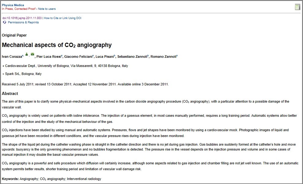 Mechanical aspects of CO2 angiography: technical validation of Angiodroid CO2 injector has been published on Pysica Medica